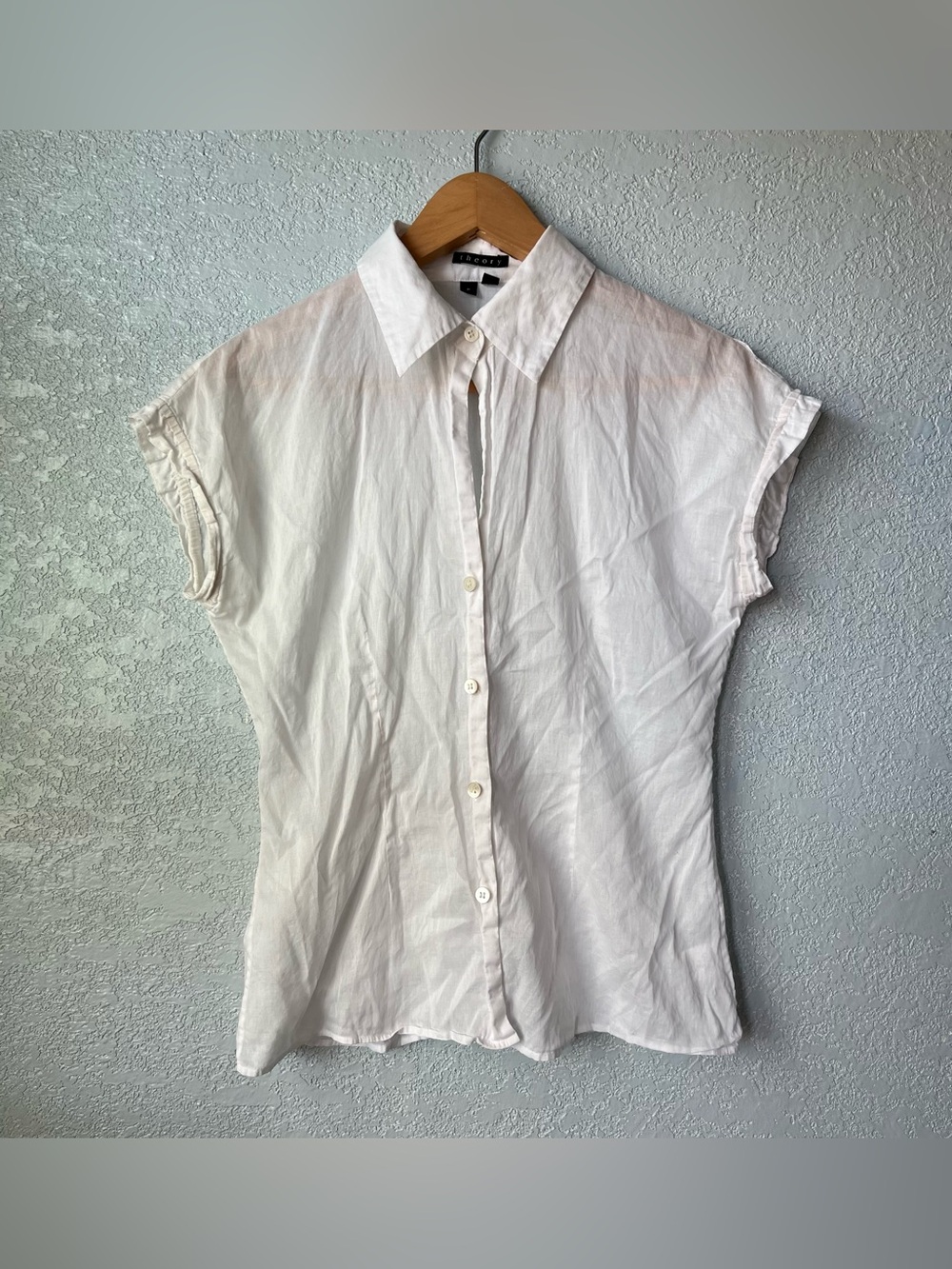 Theory White 100% Cotton Button Front Blouse Petite P Short Sleeve Minimalist